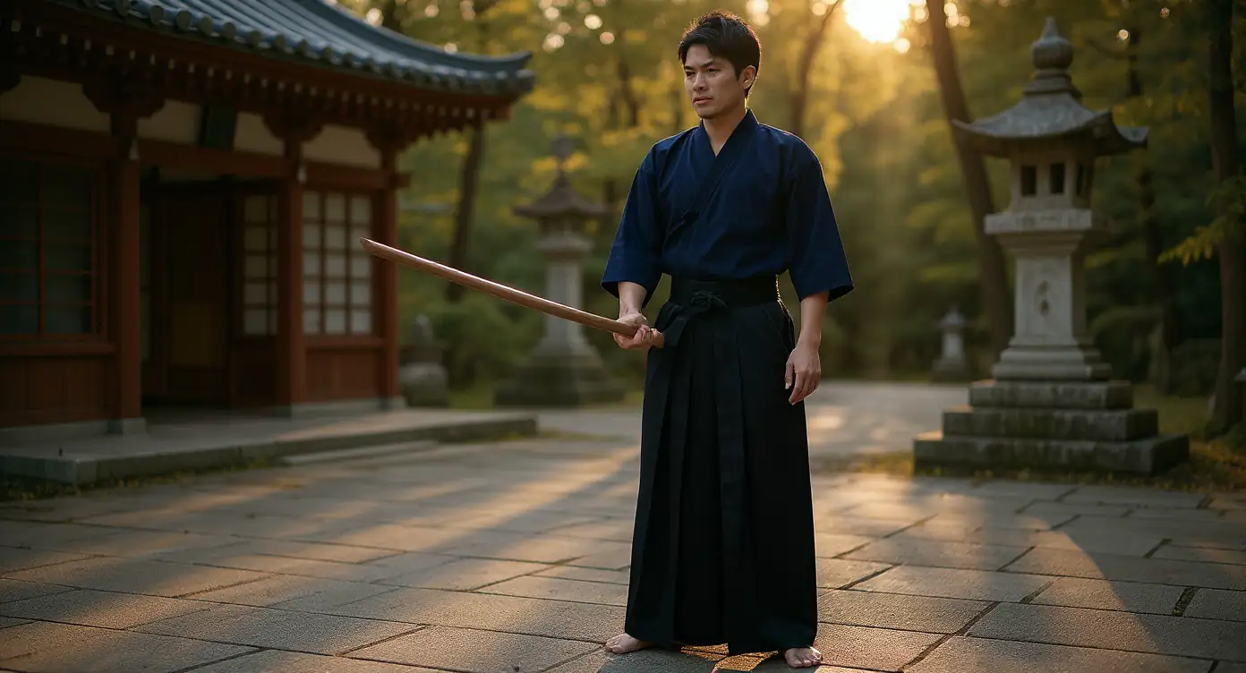 Martial artist in deep navy-black hakama with crisp pleats, standing in a temple courtyard at golden hour