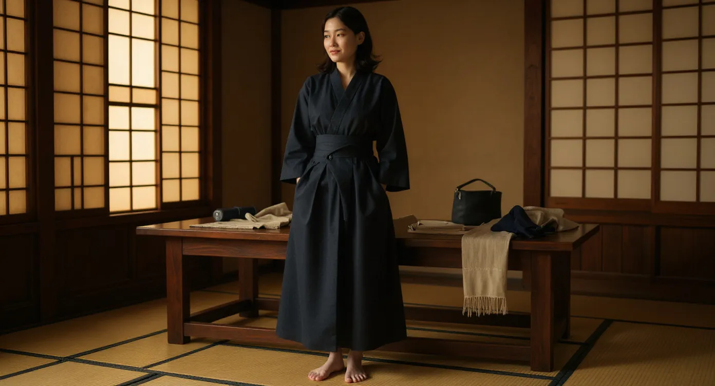 Woman wearing fitted indigo hakama in a traditional washitsu room, barefoot on tatami, standing before a work table with fabric swatches
