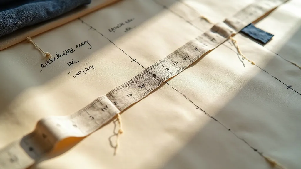 Measuring tape and handwritten sizing notes on washi paper with indigo and cream fabric swatches