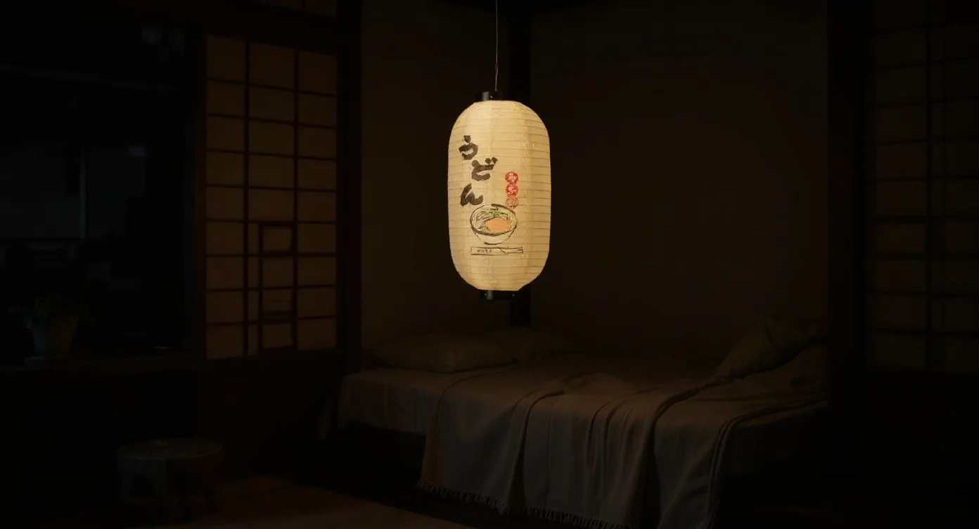 Chochin paper lantern hanging from the ceiling above a low bed