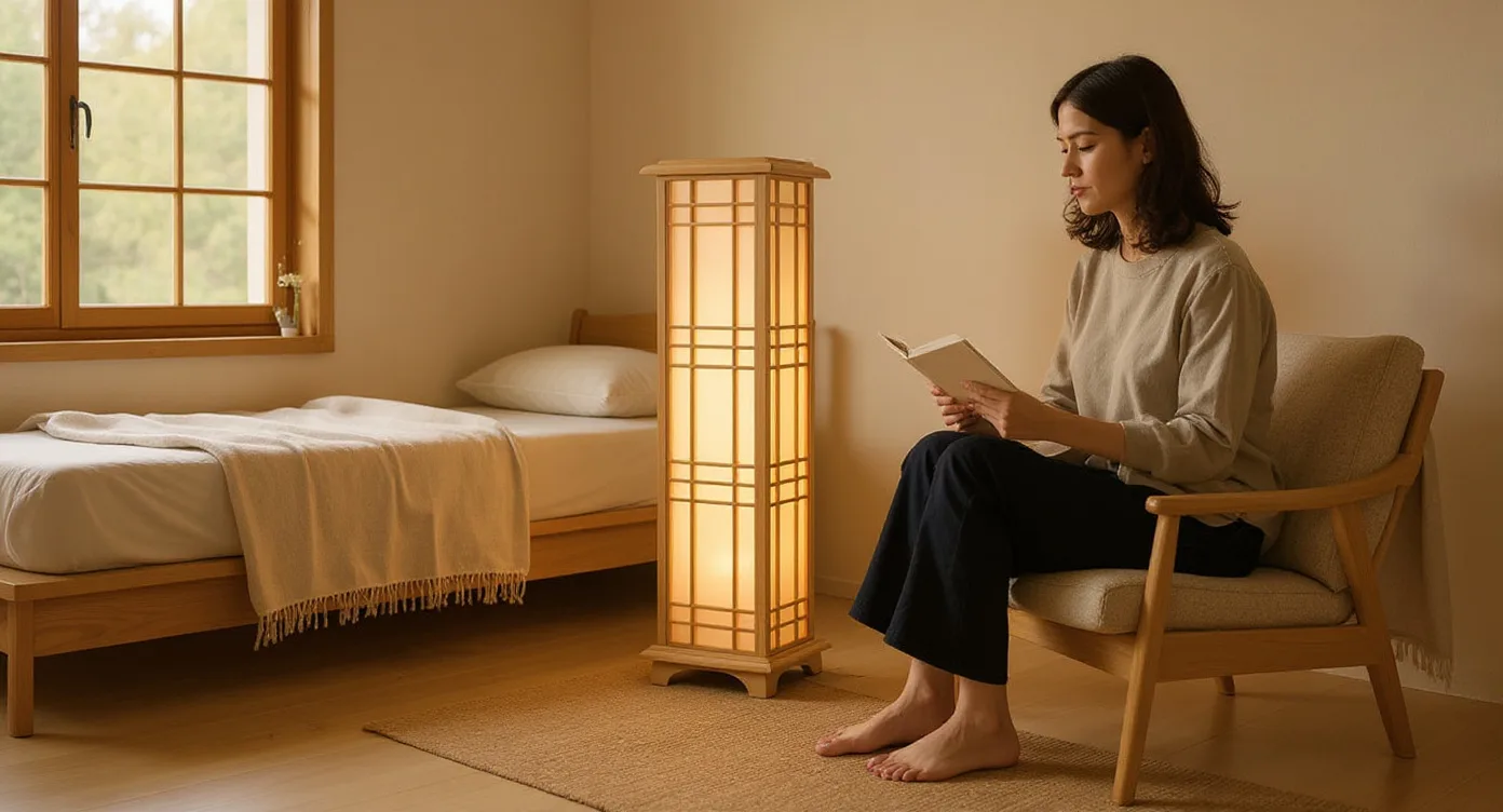 Japanese Lantern Floor Lamp beside a reading chair with a woman reading barefoot