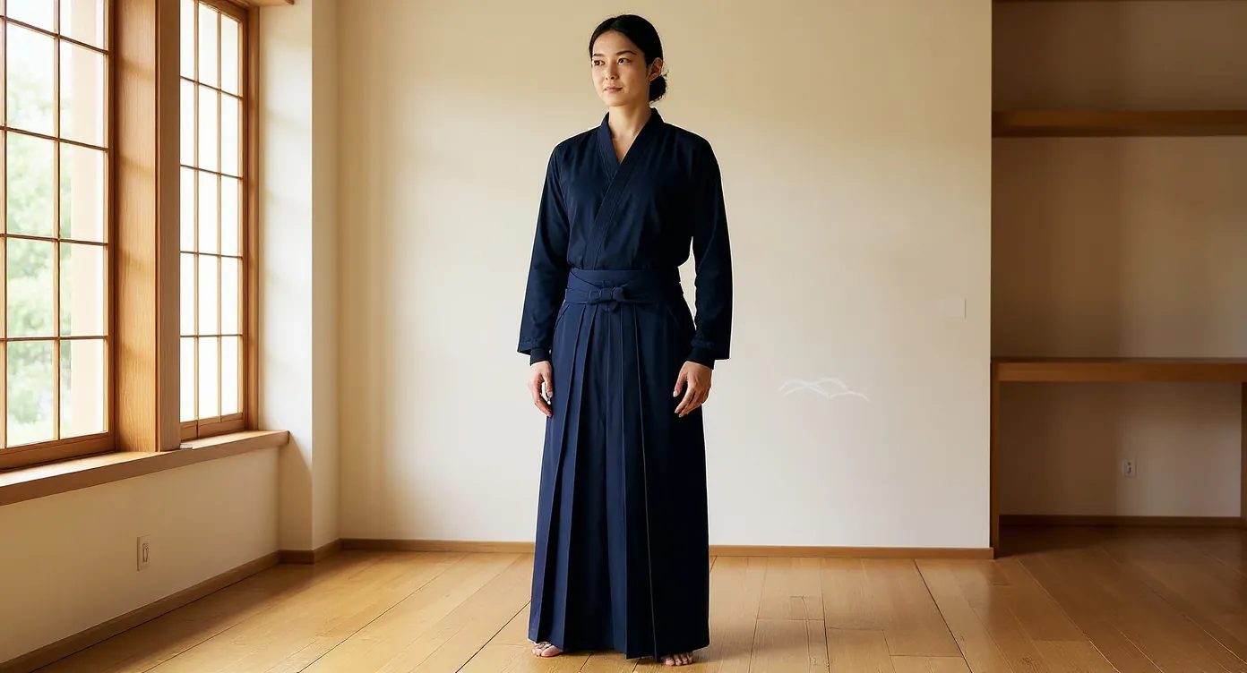 Person wearing deep indigo hakama in bright minimalist Japanese apartment with natural morning light
