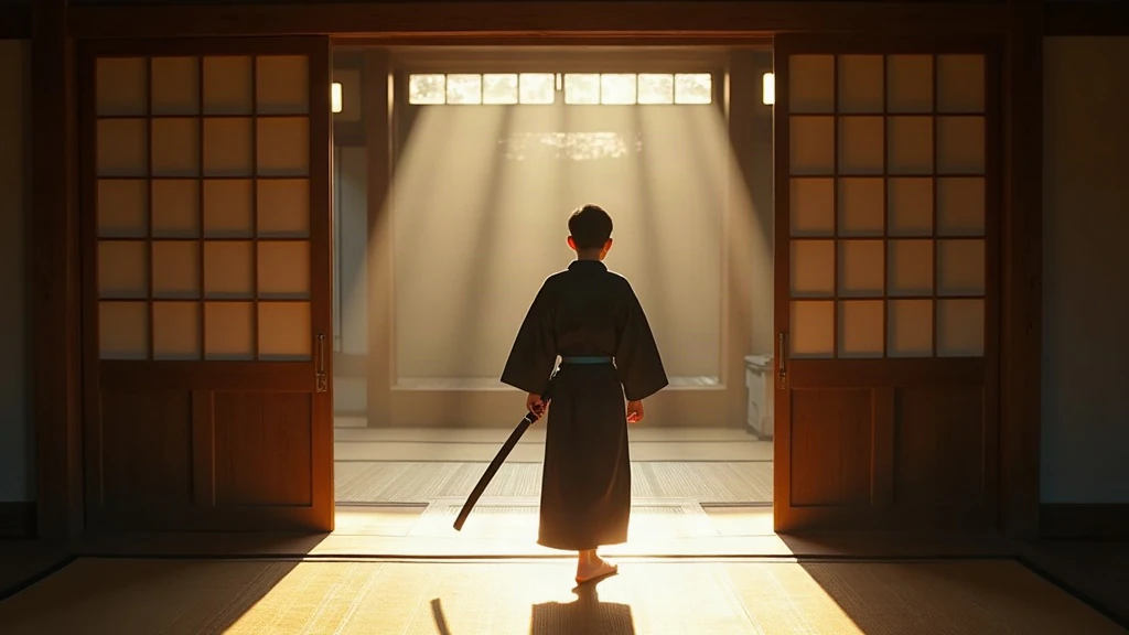 Kendoka in training clothes approaching traditional dojo entrance with bokken at sunset hour