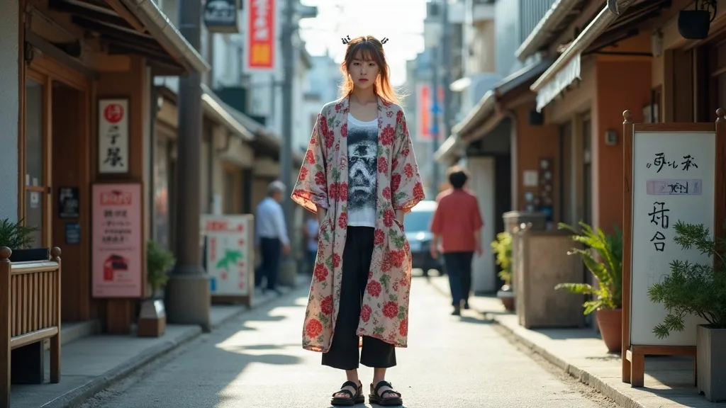 Young woman in an experimental Harajuku outfit, secondhand kimono worn open over streetwear, on a Harajuku backstreet