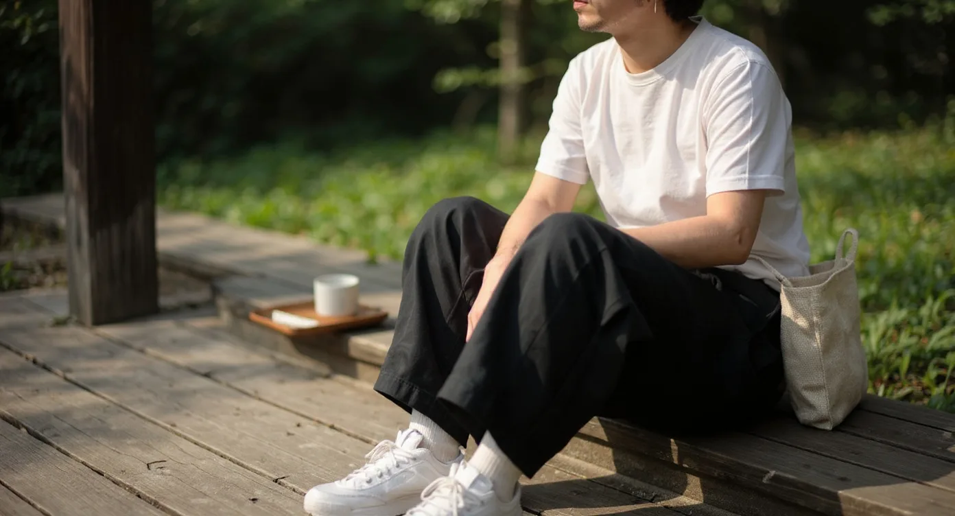 Person in Japanese Streetwear Pants seated on a sunlit engawa in socks