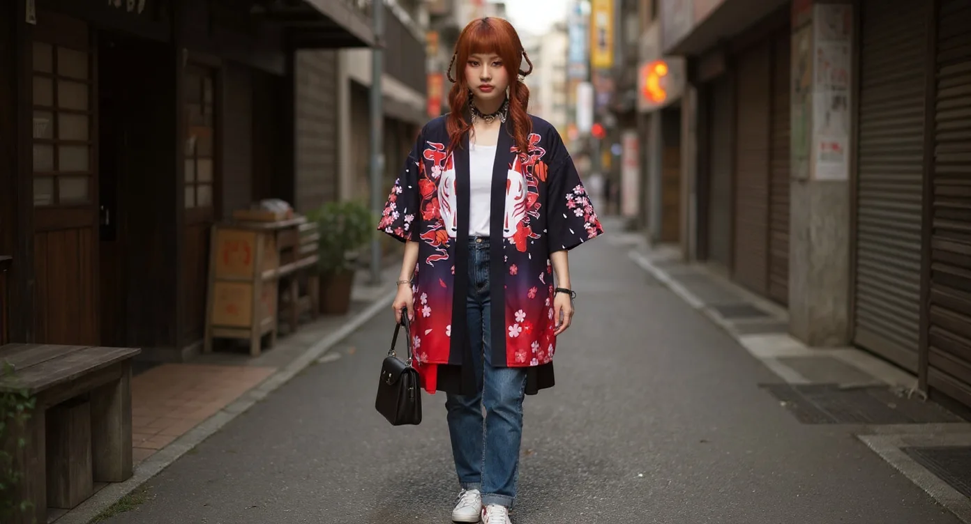Woman wearing a women's haori over a tee and jeans in a Tokyo street