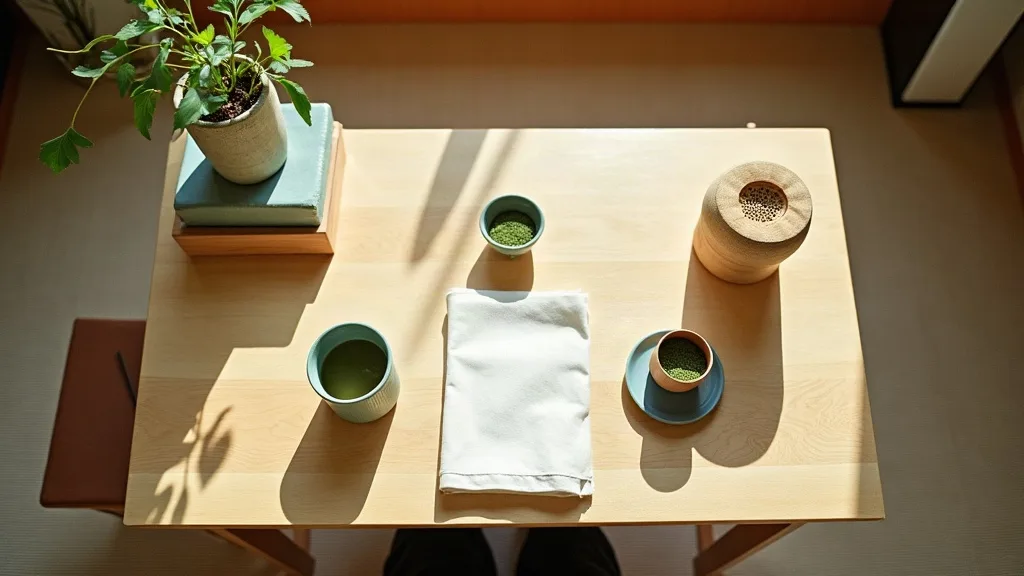 Sunlit table with tea powder tin, linen cloth and notebook in a Japanese apartment