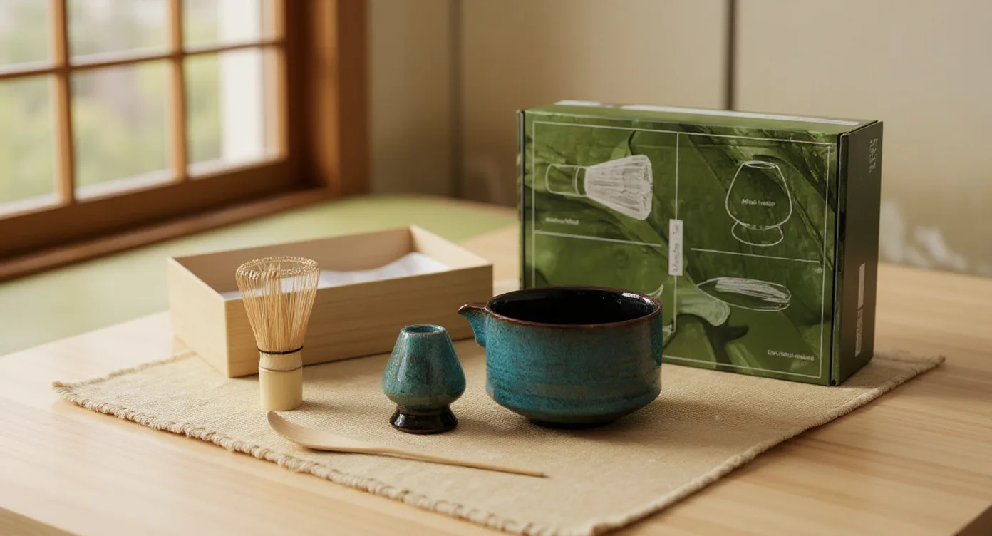 Complete Matcha Tea Set laid out beside its open gift box on a wooden table