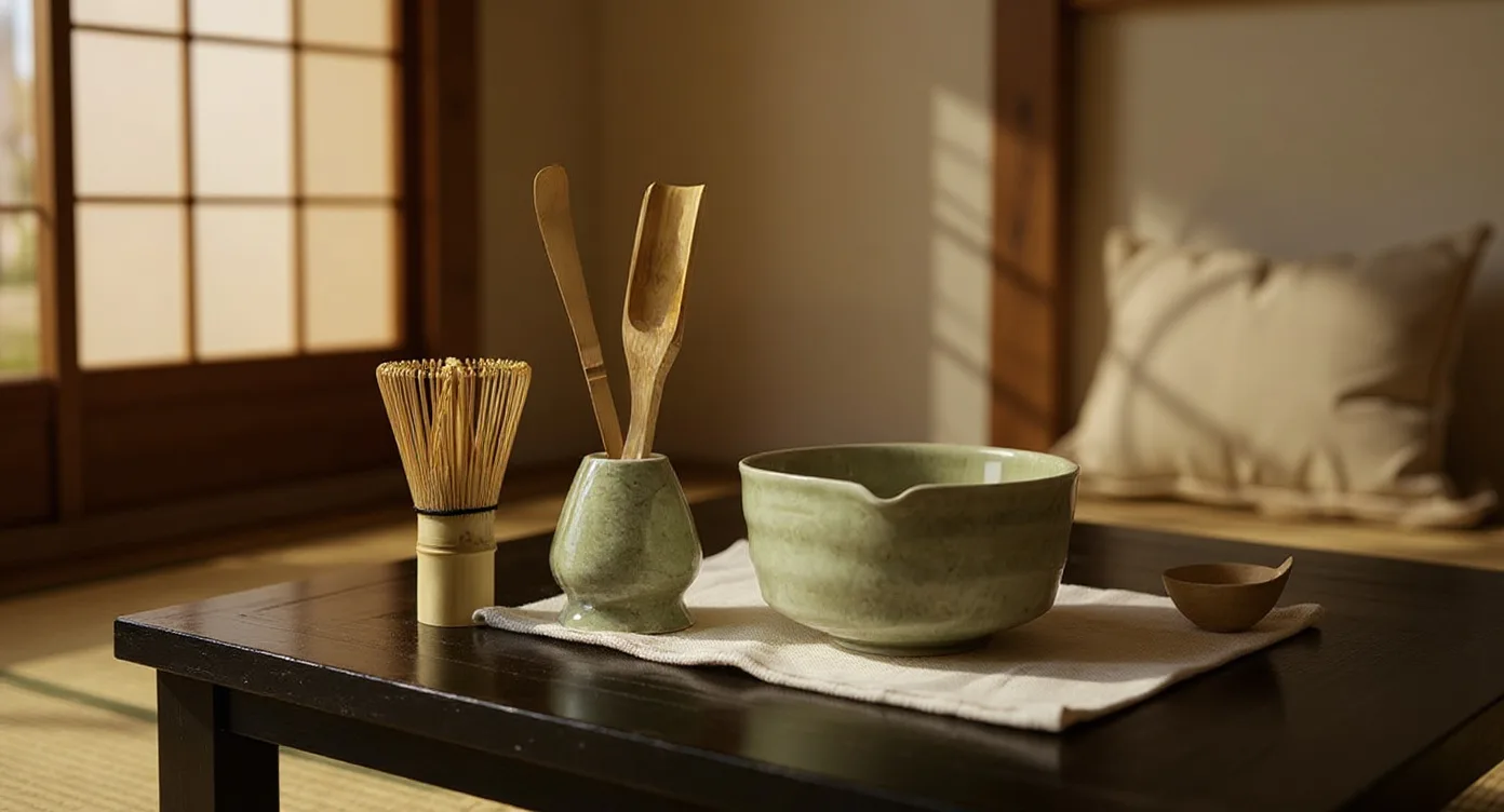 Matcha Whisk Set with bamboo chasen on holder on a low table in a washitsu