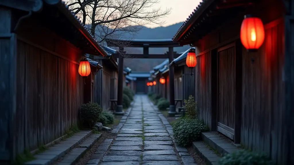 Twilight Japanese shrine alley with wooden buildings, torii gate, and paper lantern at dusk