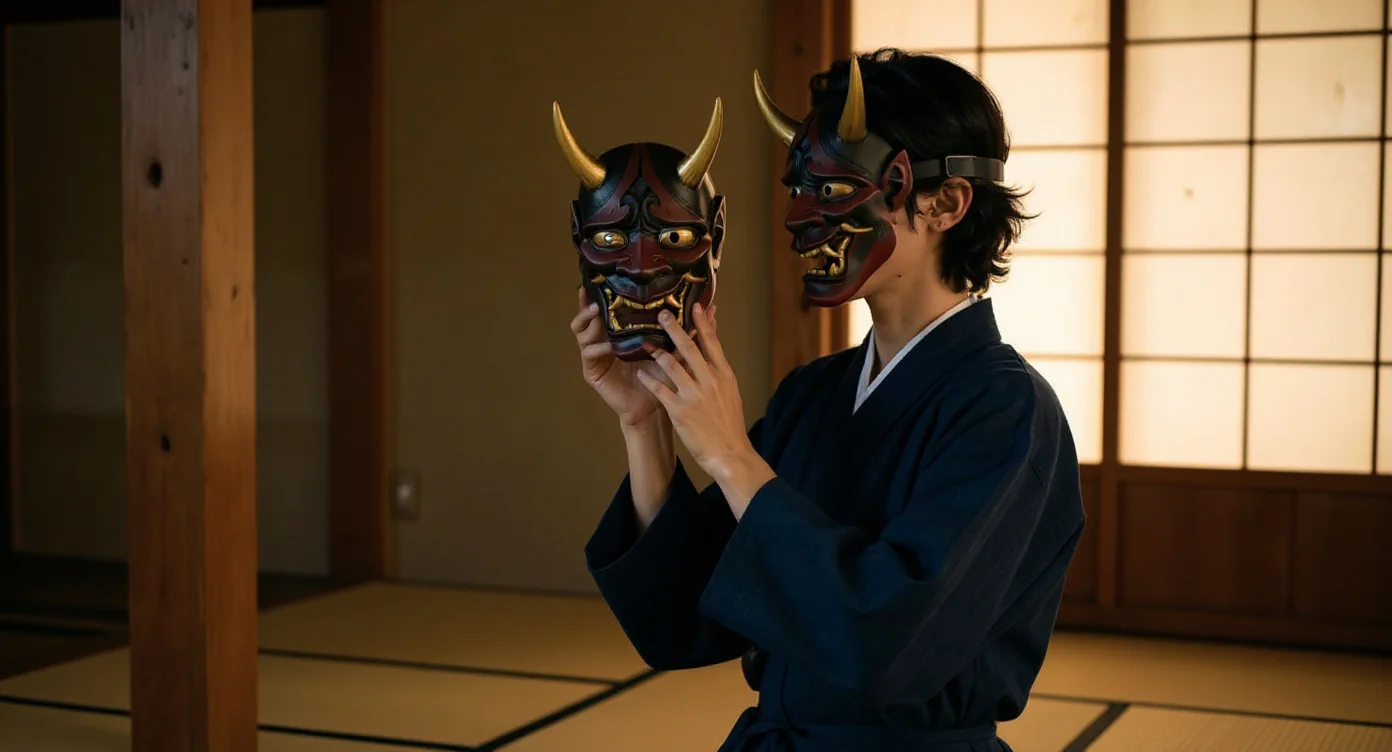 Person in a yukata holding a red Hannya demon mask in front of their face in a Japanese tatami room at dusk