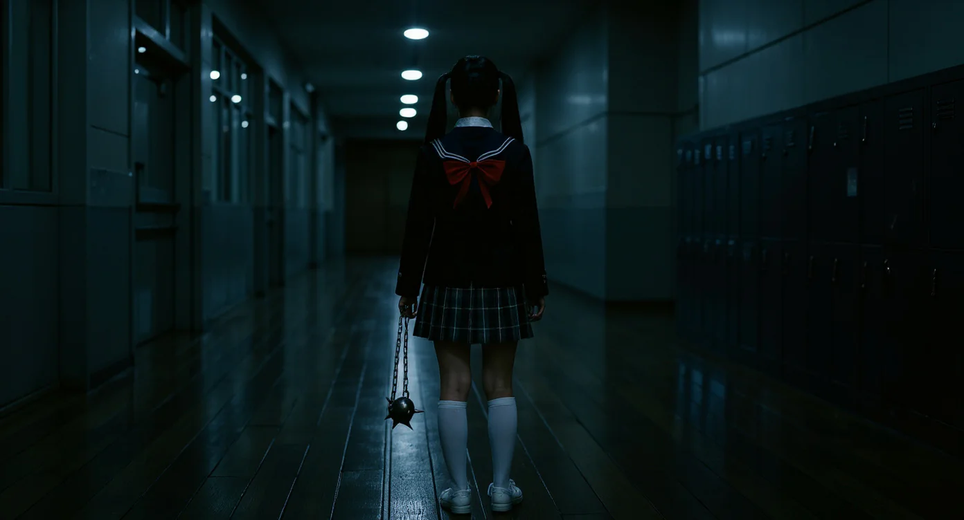 Student in Japanese high school sailor uniform standing alone in an empty moonlit school corridor at night
