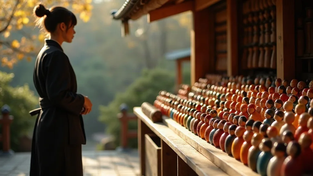 Rows of colorful daruma dolls on a wooden shrine stall in autumn light
