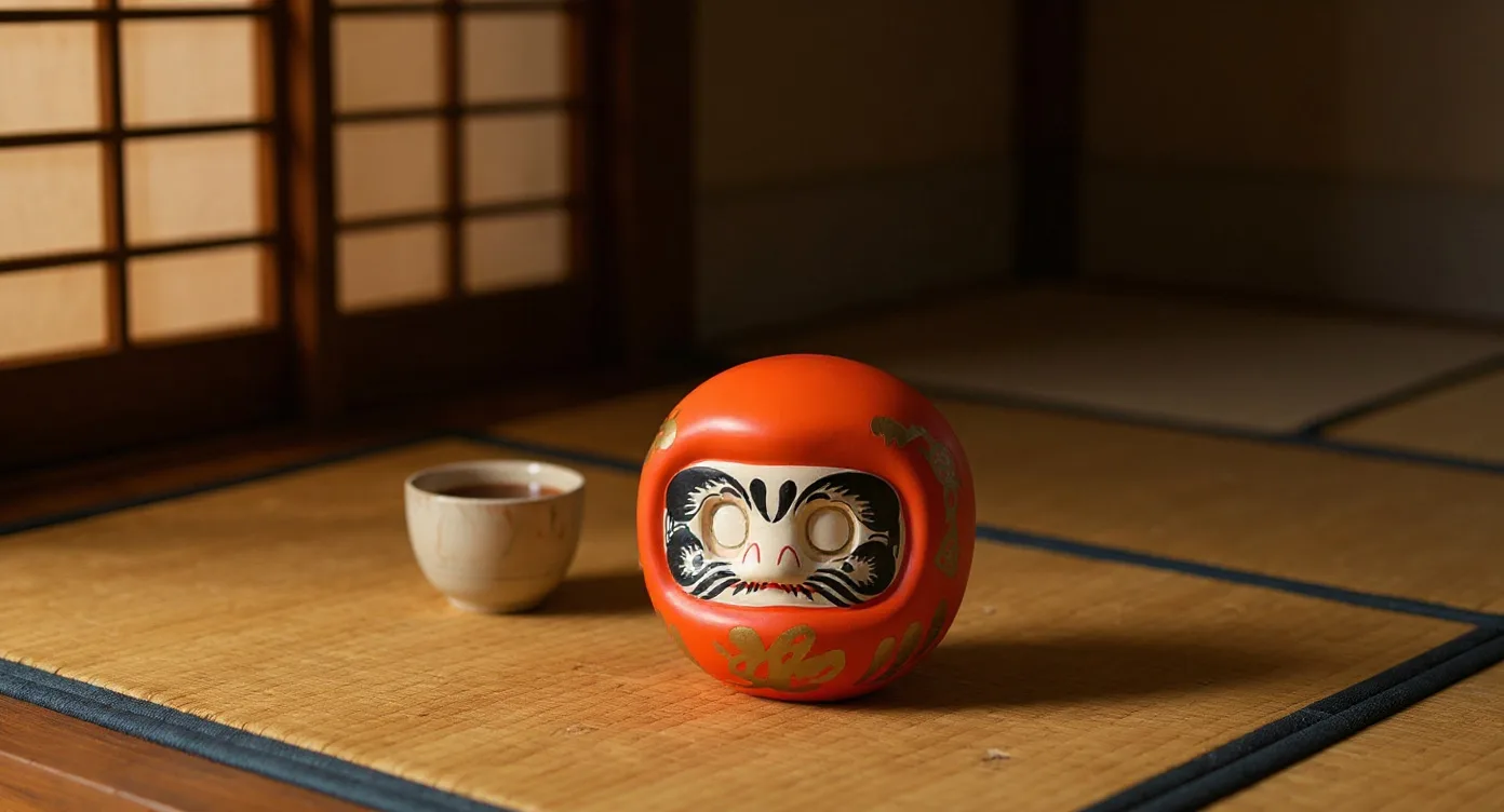 Orange Daruma Doll on a low table in a tatami washitsu room