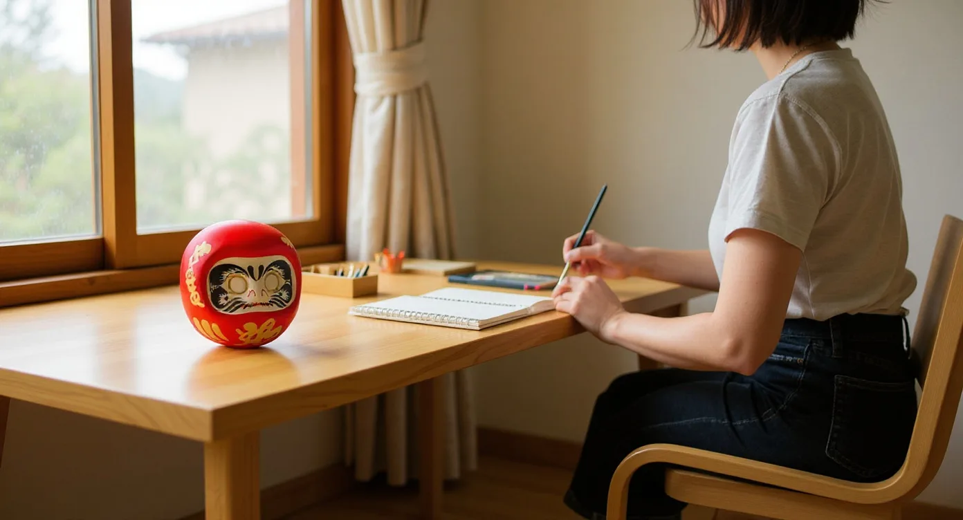 Person at a wooden desk painting the eye of a Red Daruma Doll