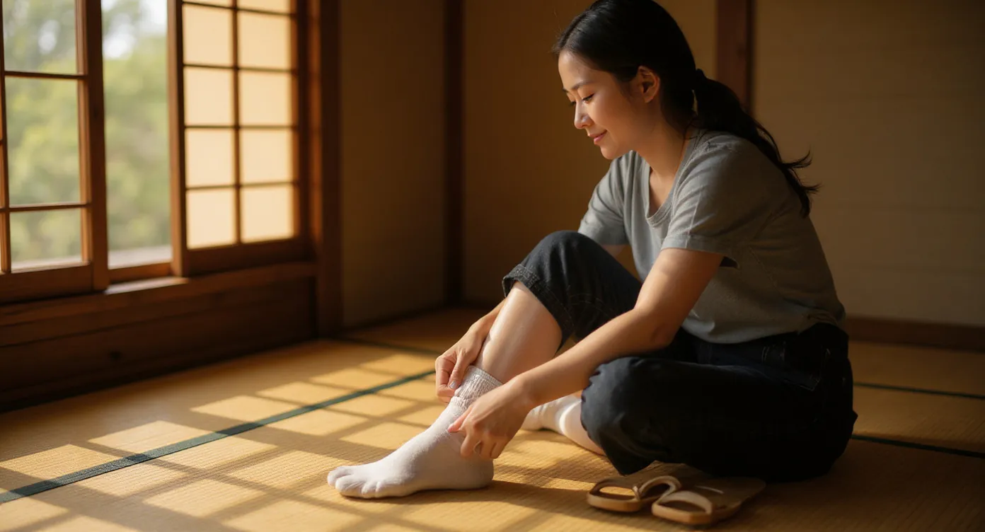 Woman on tatami pulling on a white split-toe tabi sock, wooden geta beside her in morning light